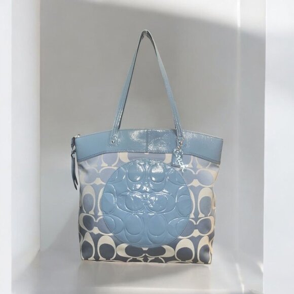 Coach Laura Tote F18335  Blue Patent Leather Signature Canvas Shoulder Bag Tags - Picture 1 of 8